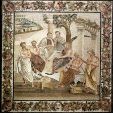 Plato's Academy', mosaic. Plato teaching philosophy to his disciples. Pompeian copy of an Helleni…