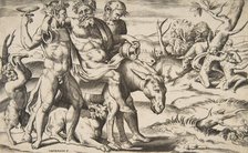 A drunken Silenus riding an ass being supported by satyrs, 1531-76. Creator: Giulio Bonasone.