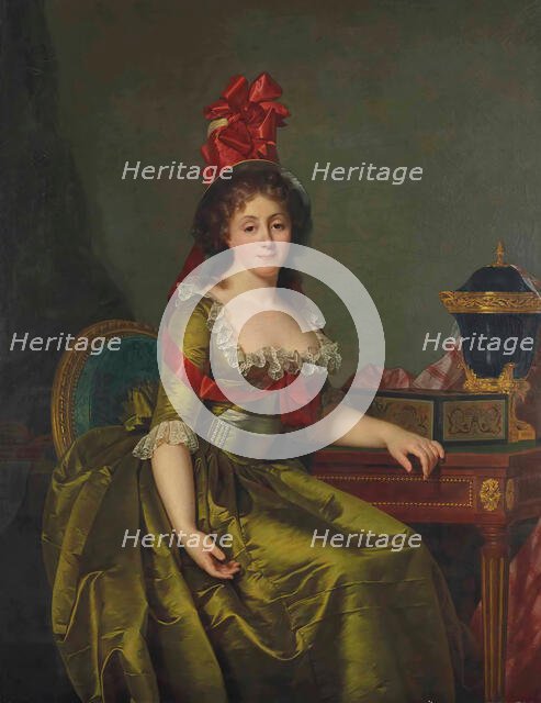 Portrait of a lady, in a green satin dress and a bonnet with red ribbons. Creator: Ducreux, Rose-Adelaïde (1761-1802).