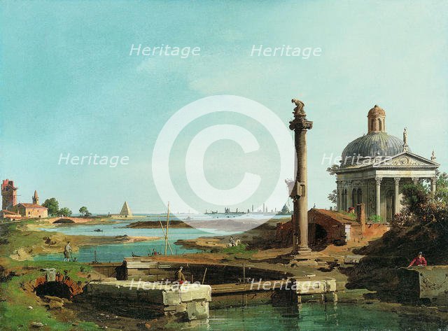 A Lock, a Column, and a Church beside a Lagoon. Creator: Canaletto.