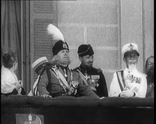 Benito Mussolini Reviewing Troops from a Balcony. Mussolini's Nose is Injured from an..., 1926. Creator: British Pathe Ltd.