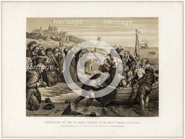 'Departure of the Pilgrim Fathers from Delft Haven, July 1620', (19th century).Artist: T Bauer