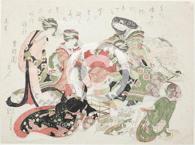 Six women seated around a bird cage, Japan, 1823. Creator: Hokusai.
