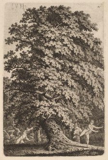 A Large Oak Tree in Gehölz. A Young Man with a Spear Follows a Young Girl., c.1800. Creator: Carl Wilhelm Kolbe the elder.
