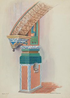 Pilaster with Holy Water-Font & Arch Below Choir Loft, c. 1936. Creator: Howard H. Sherman.
