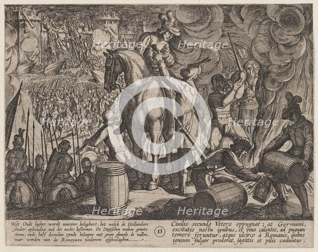 Plate 13: Attack on the Roman Fortress at Night, from The War of the Romans Against the Ba..., 1611. Creator: Antonio Tempesta.