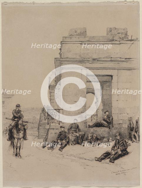 Soldiers Resting (recto) Sketch of a Man with Upraised Arm and Sketch of a Helmet (verso) , 1878. Creator: Édouard Detaille (French, 1848-1912).