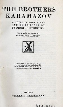 Title page from "The Brothers Karamazov" by Fyodor Dostoevsky, 1920.  Creator: Unknown.