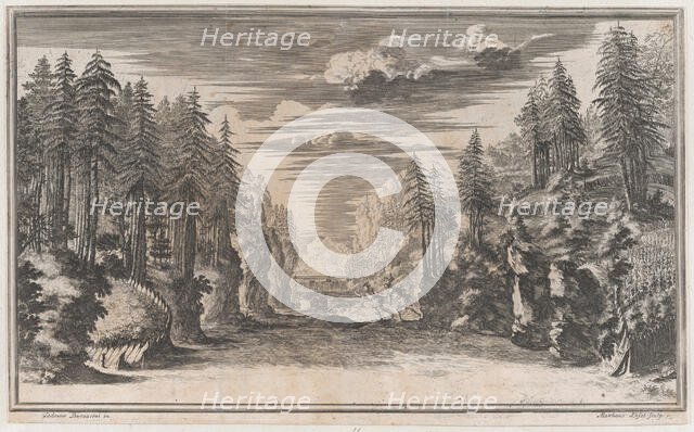 Landscape with two figures running along the bank of the river Xanto; set design from 'Il ..., 1668. Creator: Mathäus Küsel.