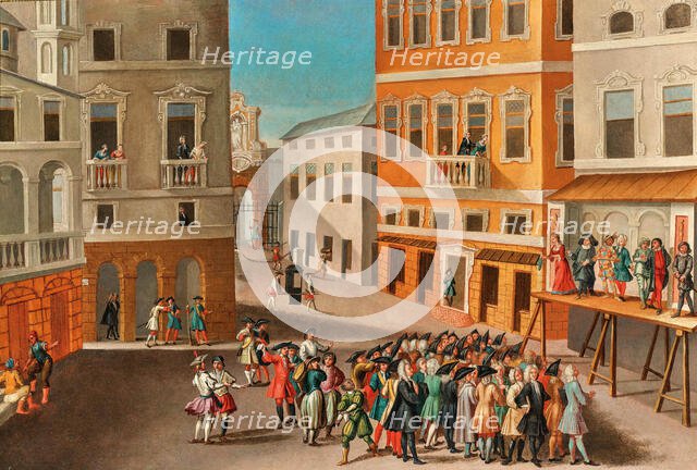 City landscape with actors from the Commedia dell'arte, 18th century. Creator: Unknown artist.