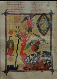 The woman clothed with the sun, crowned with twelve stars and the seven-headed dragon, miniature …