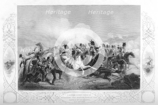 Light cavalry attacking the Russian guns at Balaclava during the Crimean War, 1854 (1857).Artist: W Hulland