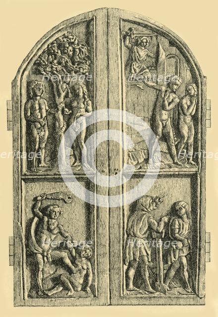 Wooden diptych with scenes from the Book of Genesis, mid 19th century, (1881).  Creator: W Wise.