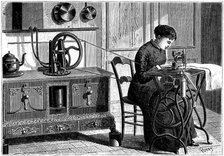 Domestic sewing machine powered by steam, 1883. Artist: Anon