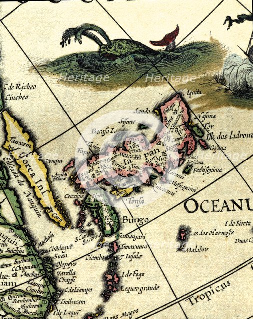 Japan and Korea, colored engraving from the book 'Le Theatre du monde' or 'Nouvel Atlas', 1645, c…