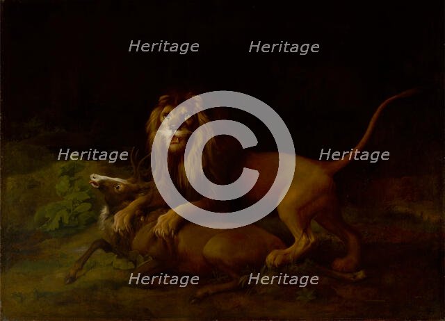A Lion Attacking a Stag, between 1765 and 1766. Creator: George Stubbs.