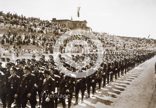 Parade of new SS recruits in the Deutsches Stade, Nuremberg, 11th-13th August, 1933. Artist: Unknown
