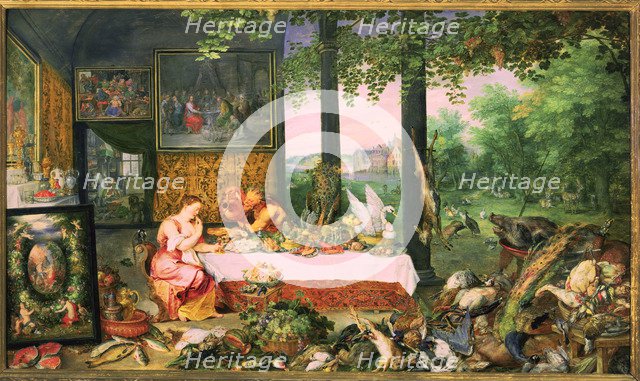 The Taste', represented by a nymph eating at a table stocked with various delicacies while a saty…