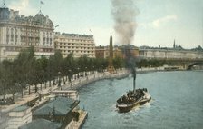 The Victoria Embankment, and steamship on the River Thames, London, c1907.  Creator: Unknown.