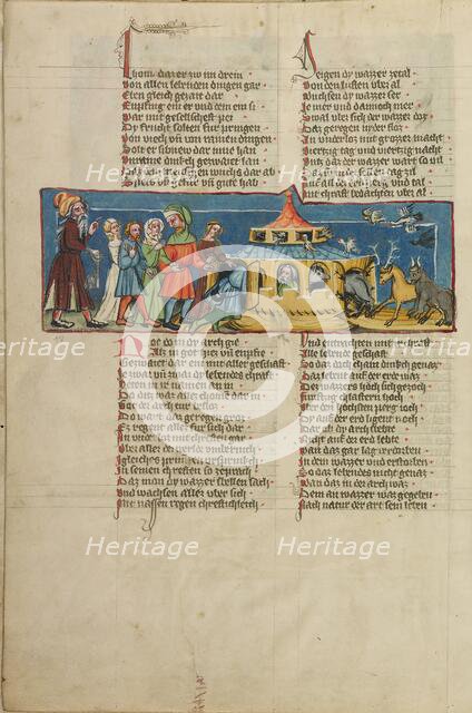 Noah's Family and the Animals Boarding the Ark; Weltchronik, about 1400-1410. Creator: Unknown.