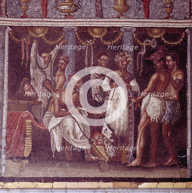 Roman mosaic of actors preparing for a play, Pompeii, Italy. Creator: Unknown.