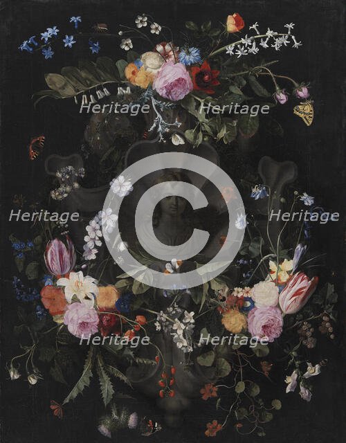 Cartouche with Bust of Christ Surrounded by a Garland of Flowers, 1659. Creator: Andries Bosman.