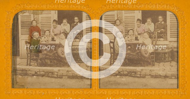 Three children playing at being grown-up; women watching, 1855-1860. Creator: Unknown.