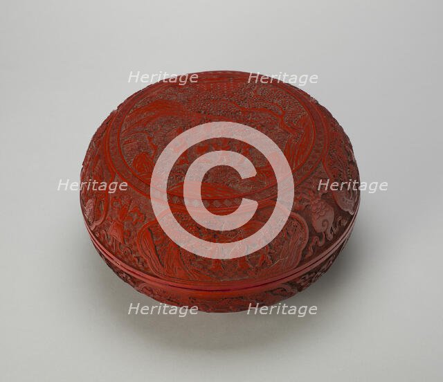 Cinnabar Lacquer 'Scholar in Landscape' Box and Cover, Qing dynasty, Qianlong reign (1736-1795). Creator: Unknown.