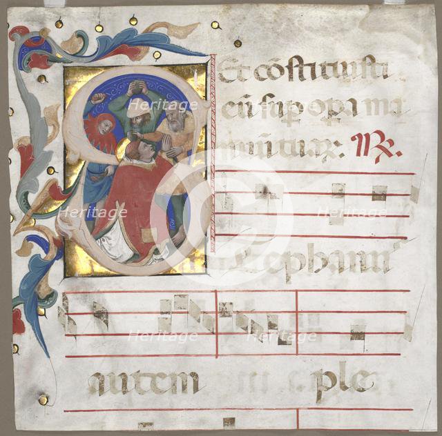 Fragment of an Antiphonary with Historiated Initial (S): The Stoning of St. Stephen, c. 1370-1372. Creator: Nicolò da Bologna (Italian, c. 1325-1403).