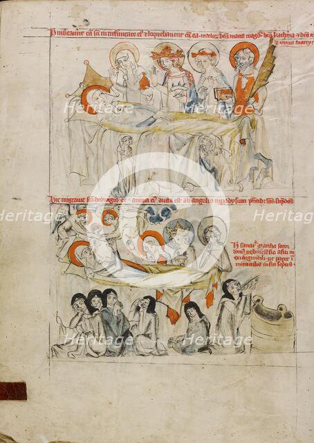 Saint Hedwig on Her Sickbed Surrounded by Saints; The Death of Saint Hedwig and Her Soul..., 1353. Creator: Unknown.