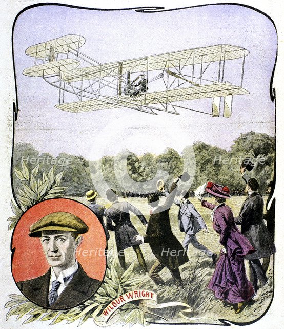 Wilbur Wright's first flight in Europe at the Hanaudieres racetrack near Le Mans, France, 1908. Artist: Unknown
