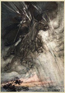'Raging, Wotan Rides to the Rock! Like a Storm-wind he comes!', 1910.  Artist: Arthur Rackham