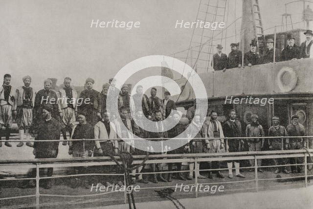 British men, captured by troops of the Sultan, on board the steamship "Al-Hassani", Morocco, 1898. Creator: Unknown.