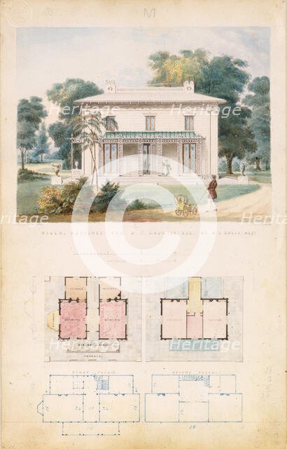 Villa for David Codwise, near New Rochelle, NY (project; elevation and four plans), 1835. Creator: Alexander Jackson Davis.