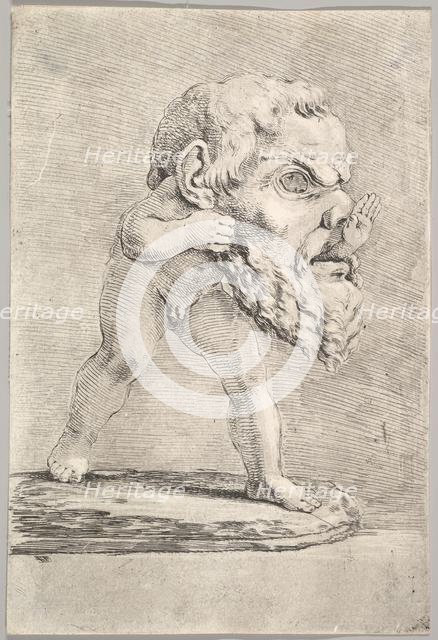 A child wearing a large mask and inserting his hand through the mouth, ca. 1660. Creator: Stefano della Bella.