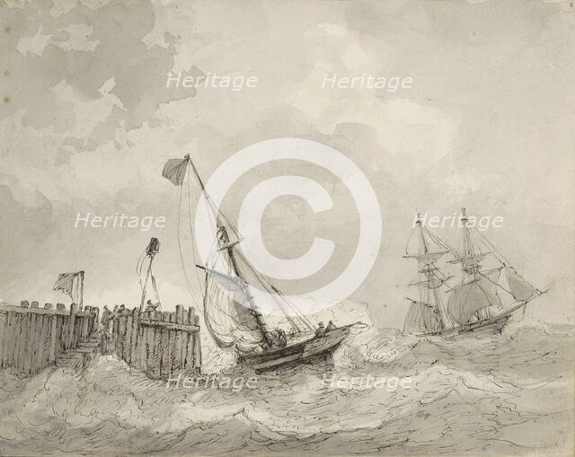 Two sailing ships at a landing place, c.1825-c.1875. Creator: Circle of Petrus Johannes Schotel.