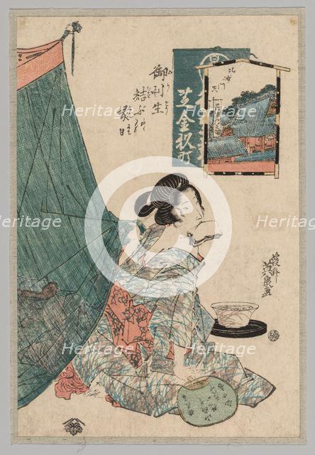 Woman with Papers in Mouth and Fan in Hand, 1789-1851. Creator: Keisai Eisen (Japanese, 1790-1848).