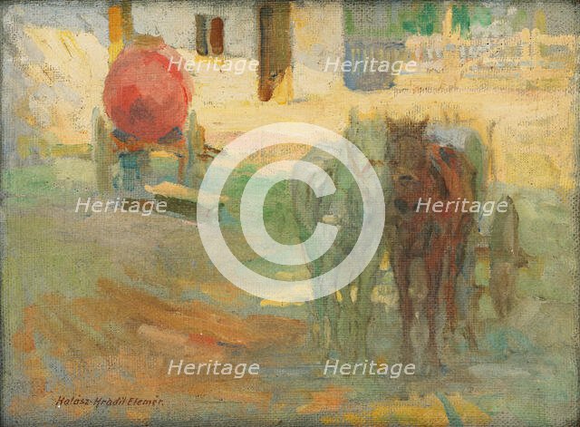 Farmyard with yoked horses, 1908. Creator: Elemír Halász-Hradil.