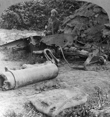 Shattered remains of a luckless howitzer blown up by a direct German hit, World War I, c1914-c1918. Artist: Realistic Travels Publishers