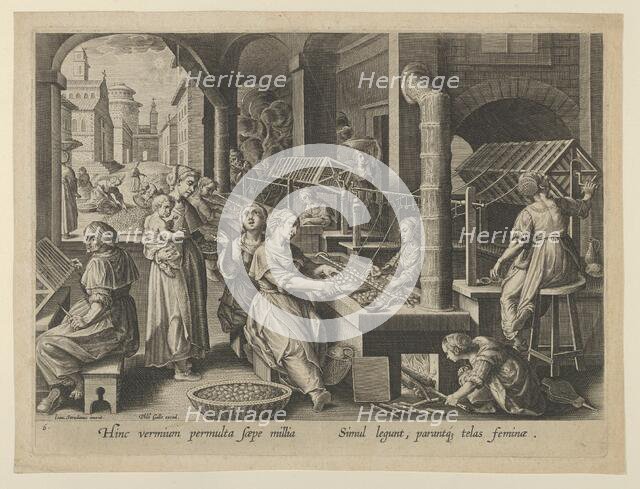 The Reeling of Silk, Plate 6 from "The Introduction of the Silkworm" [Vermis Sericus],..., ca. 1595. Creator: Karel van Mallery.