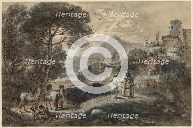 A Landscape with Horses, Peasants and a Hill Town, 18th century. Creator: Francesco Zuccarelli.