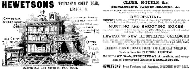 Advertisement for Hewetsons carved oak and antiques, 1895. Creator: Unknown.