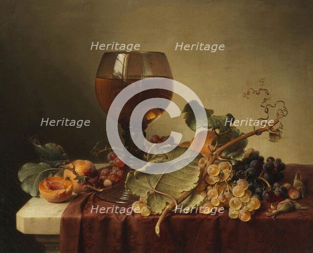 Still life with a self-portrait in a wine glass and fruit, 1861. Creator: Preyer, Johann Wilhelm (1803-1889).