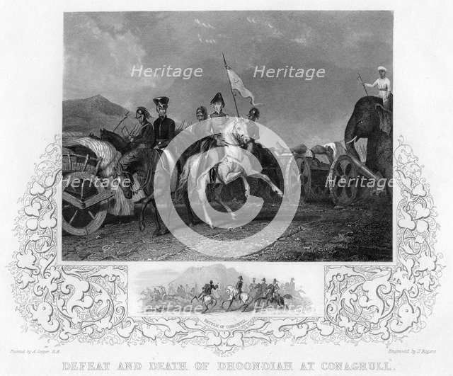 'Defeat and Death of Dhoondiah at Conaghull', 1800, (early-mid 19th century).  Creator: J Rogers.