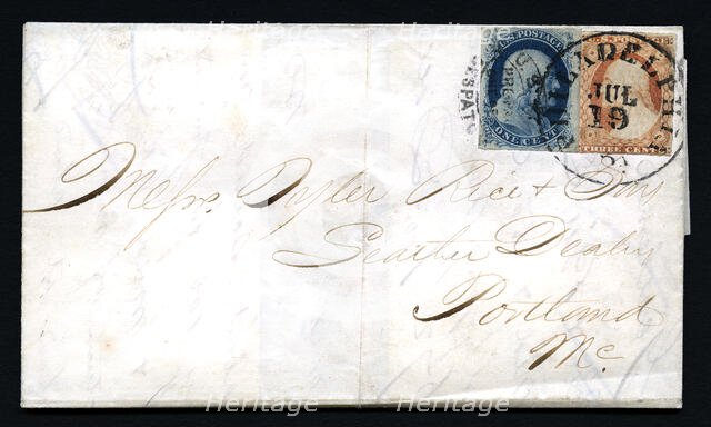 1c Franklin and 3c Washington with USPO Despatch carrier cancel on cover, c. 1851. Creator: Unknown.