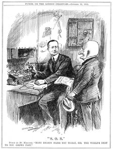 Mr Punch thanking Marconi for wireless telegraphy which was saving lives at sea, 1913. Artist: Leonard Raven-Hill