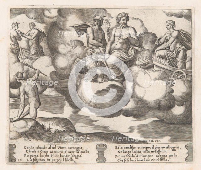 Plate 18: Venus in her dove-drawn chariot complaining to Jupiter, who is accompanied by..., 1530-60. Creator: Master of the Die.