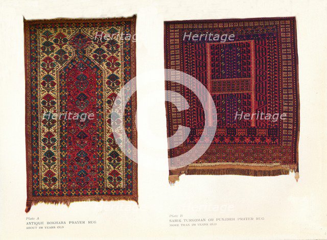 Antique Bokhara prayer rug and Sarik Turkoman or Punjdeh prayer rug, c1920. Artist: Unknown.