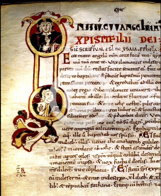 Letter 'I' illuminated with figurations of the bust of Jesus Christ and an evangelist, correspond…