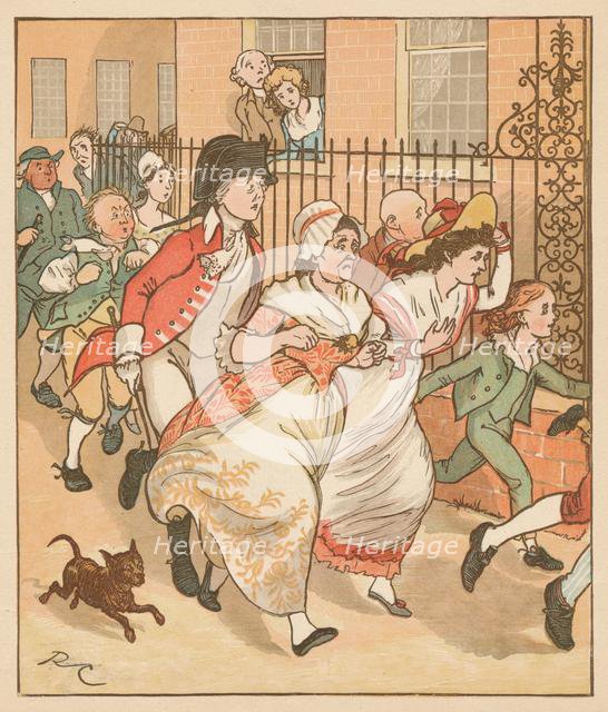 Neighbours rushing to help the good man of Islington, c1879.  Creator: Randolph Caldecott.